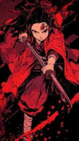 Red-clad anime swordsman with katana in dynamic attack pose.