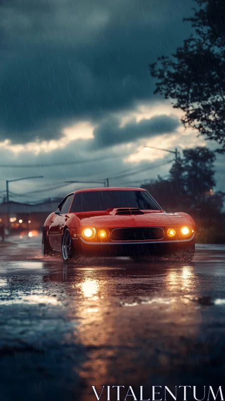 Bright red classic car glowing on a rainy twilight street.
