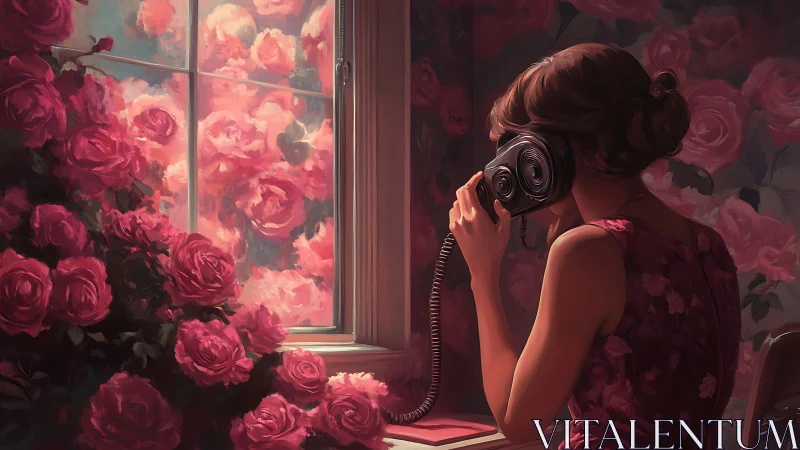Digital painting of woman on phone framed by blooming roses.