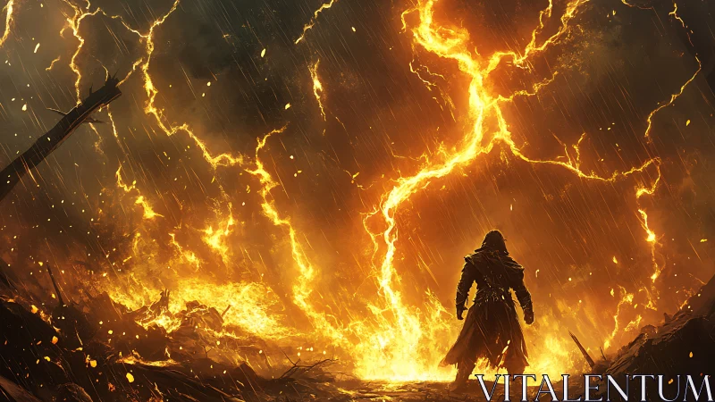 Warrior Standing Before Massive Lightning Storm and Flames