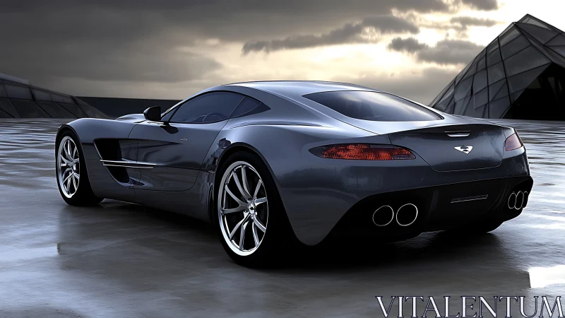 Sleek graphite supercar on wet reflective rooftop at dusk.