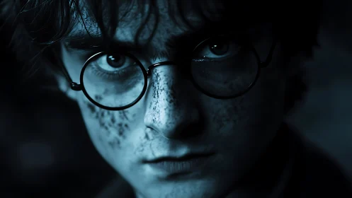 Moody blue-toned close portrait of youth in round glasses