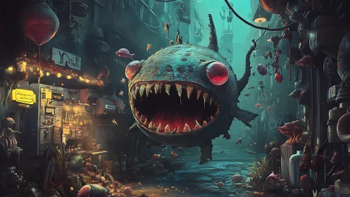 Amphibious predator form in narrow neon-lit urban alleyway.