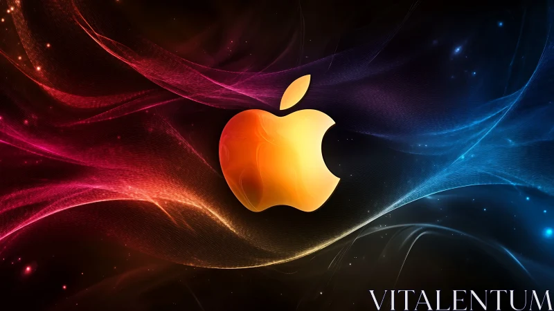 Golden apple-shaped logo centered on multicolor light waves