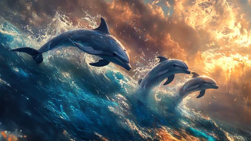Dolphins leap through turbulent sunset waves in formation