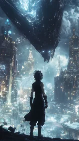 Stargazer hero meets shimmering dragon above neon city.