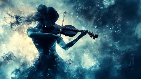 Ethereal violinist silhouette emerging from luminous blue mist