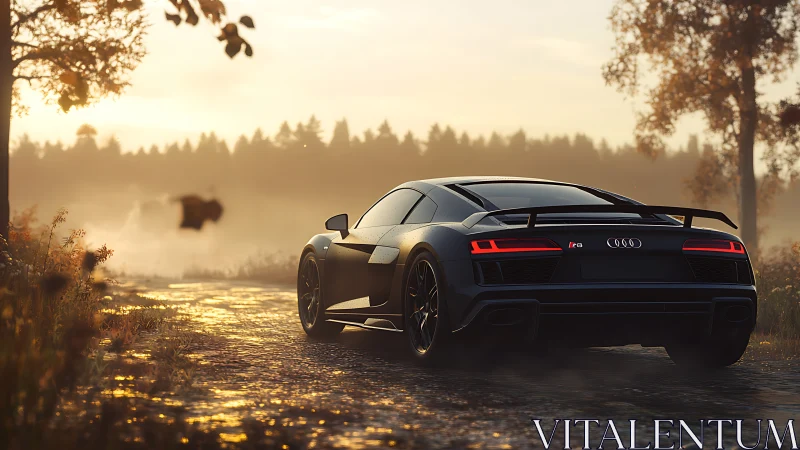 High-detail rear three-quarter render of Audi R8 on wet rural road