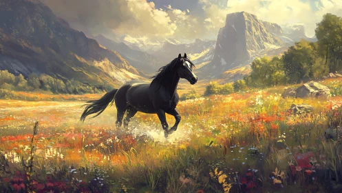 Galloping black horse traverses sunlit alpine wildflower valley