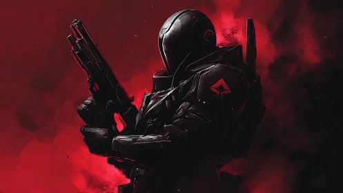 Armored sci fi soldier stands ready amid blood red smoke