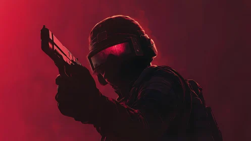 Armored tactical figure aims handgun against red background