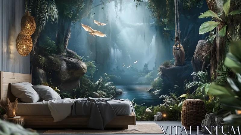 Bedroom interior with immersive forest lake wall mural.