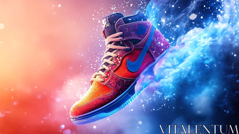 Vibrant neon sneaker glowing between fire and ice energy.