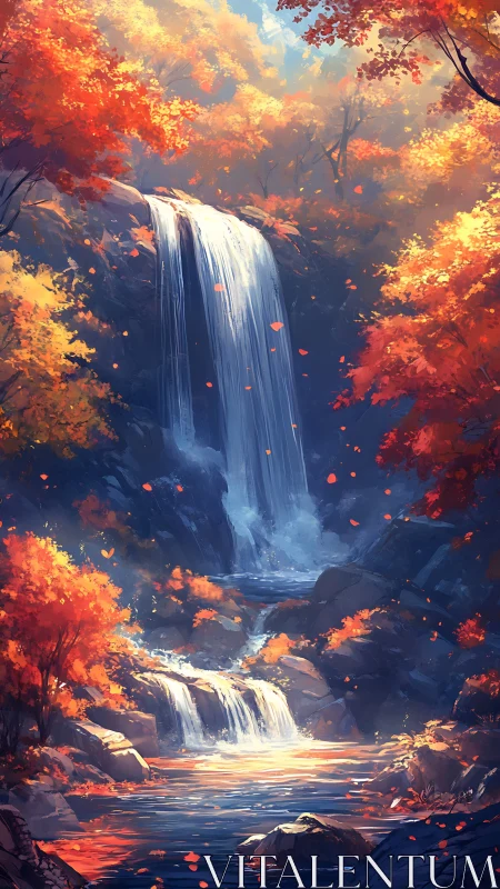 Autumn cascade dreaming beneath ember crowned trees.