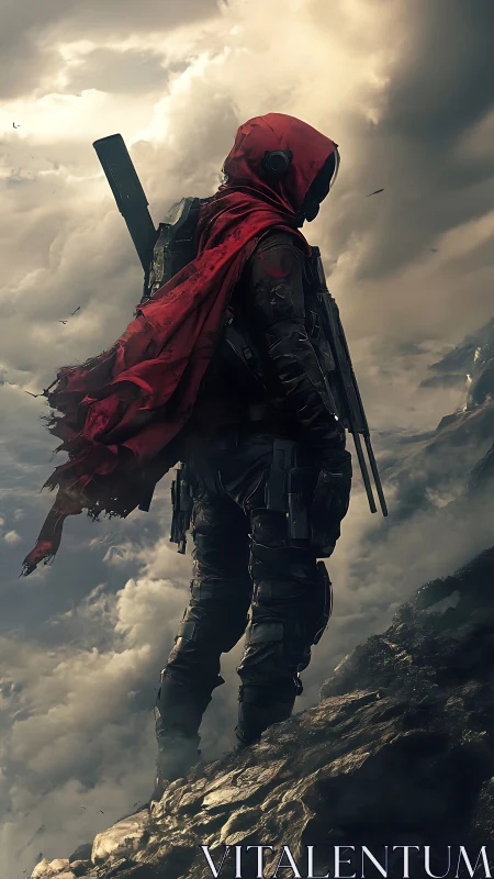 Hooded sci fi sentinel overlooking storm torn mountain ridge.