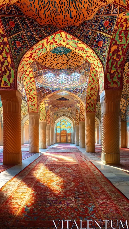 Interior view of an ornate mosque hall with arched columns.
