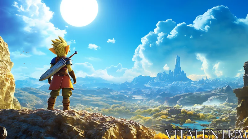 Young sword-wielding hero overlooking vast fantasy valley.