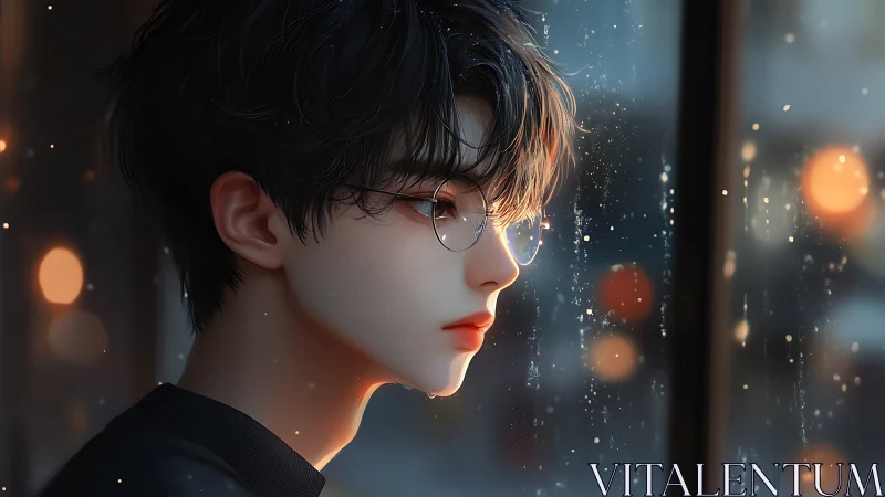 Rainlit thoughts drift across glass as neon bokeh hums