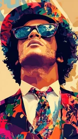 Colorful portrait of man in patterned suit and hat.