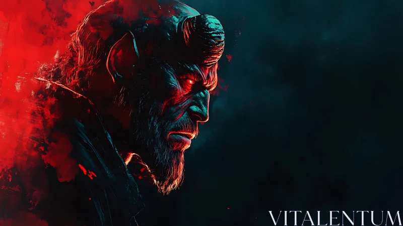 High-contrast demon portrait uses dual-tone rim lighting and vaporous red fog