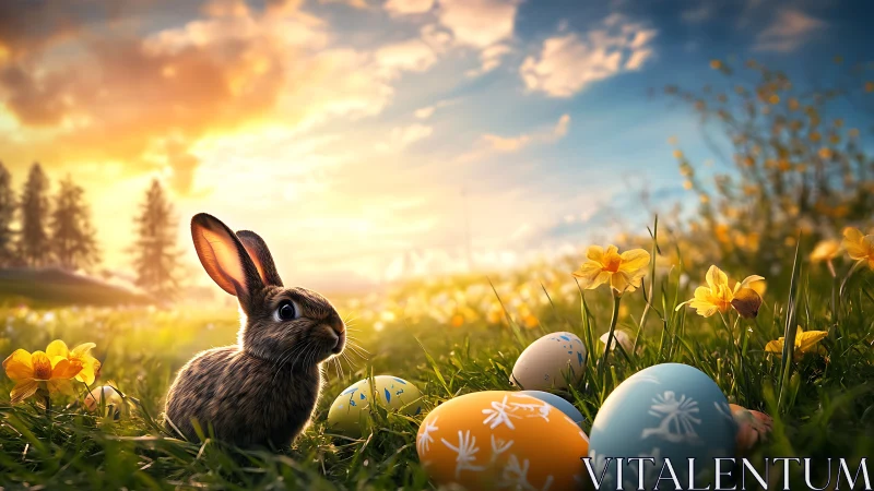 Easter meadow rabbit beside painted eggs at golden sunset.