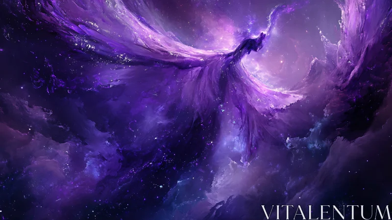 Celestial violet phoenix unfurls wings in swirling nebula skies.