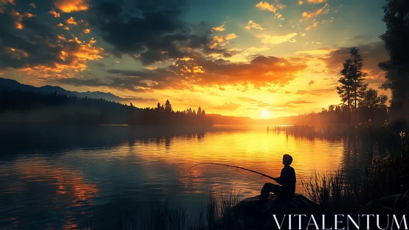 Angler silhouette balances against a hyperreal sunset lake