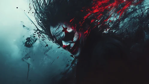Digital painting portrait of chaotic crimson clown visage.
