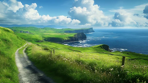 Digital painting of sunlit coastal cliffs and winding path landscape.