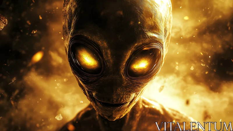 Gentle ember-eyed alien in a storm of golden sparks.