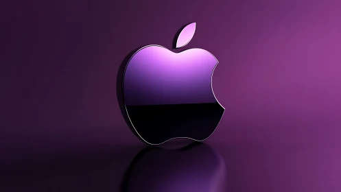 Glossy purple metallic apple logo on reflective surface.