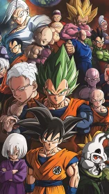 Group portrait of Dragon Ball Z fighters in battle poses.
