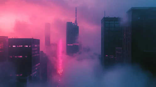 Neon mist over quiet city towers at dreamy blue hour.
