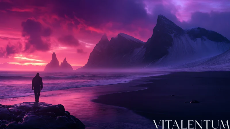 Silhouetted figure on shoreline beneath magenta coastal peaks.
