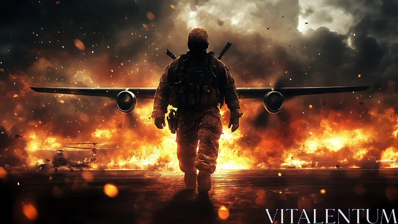 Lone soldier strides from burning runway in fiery chaos.