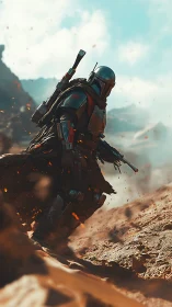 Armored sci-fi hunter strides through dynamic desert storm.