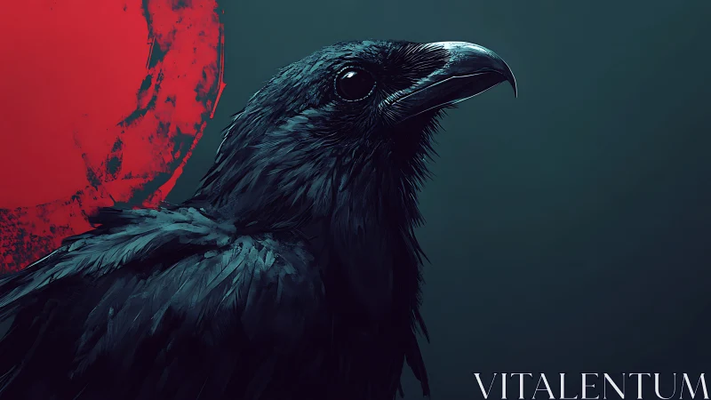 Midnight raven profile against a stark crimson sun halo