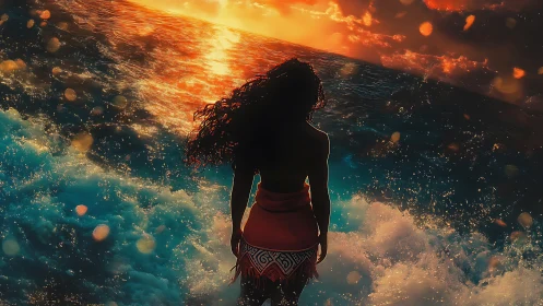 Sunlit shoreline dreams with a brave girl and wild waves.