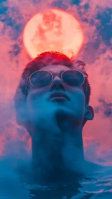 Dreamy neon portrait beneath a glowing cosmic moon.