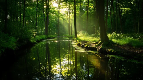 Serene forest stream with sunlight rays and lush greenery, natural style.
