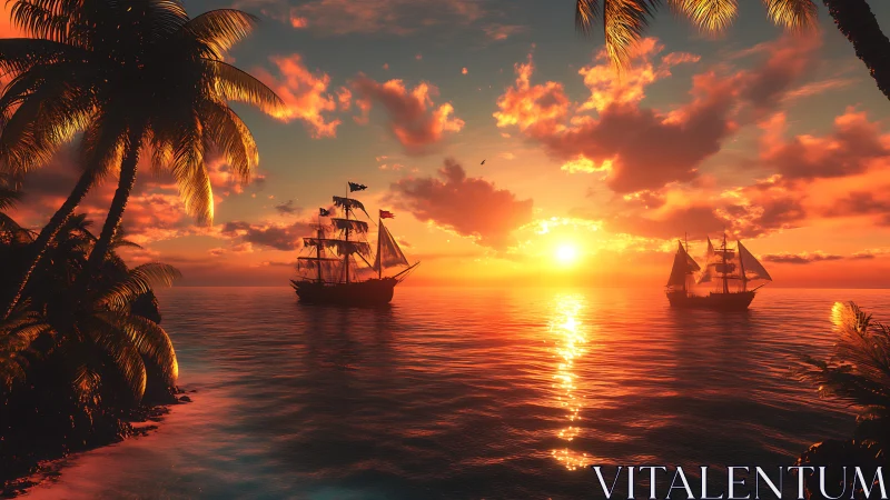 Sunlit galleons glide past a tropical island at vivid dusk