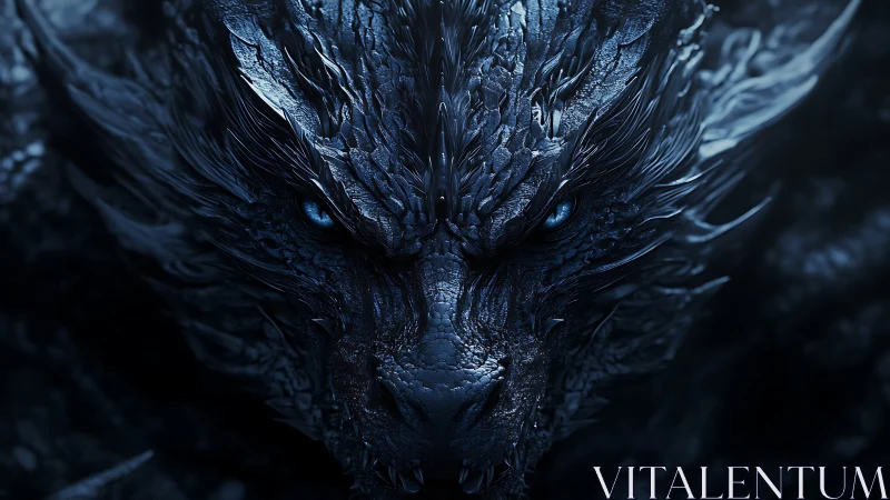 Blue-scaled dragon face fills frame in dark dramatic close-up