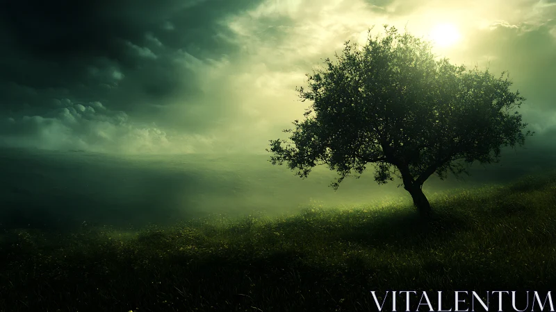 Solitary hillside tree drinking light from a stormy sky.