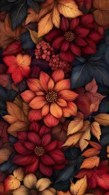 Layered Floral Composition with Autumn Foliage and Deep Color Palette