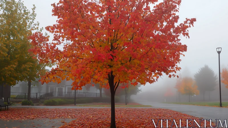 Fog-diffused campus maple with saturated autumn canopy geometry.