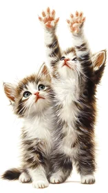 Two Long-Haired Kittens with Raised Paws on White.