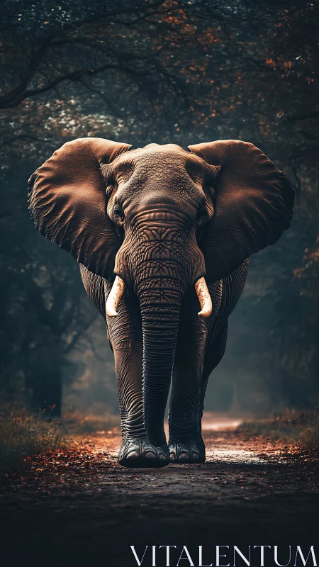 Majestic elephant strides along a misty forest path.