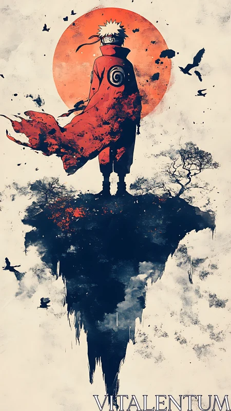 Lone anime warrior confronts a burning red sun in silence