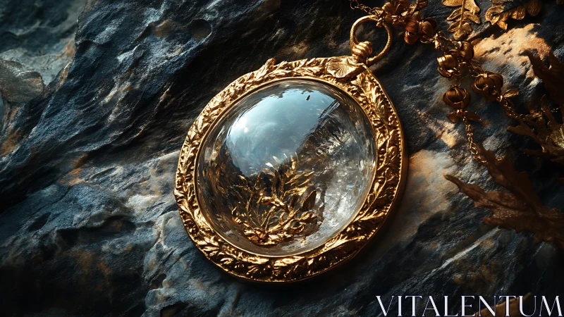 Gilded crystal pendant rests on textured slate rock surface