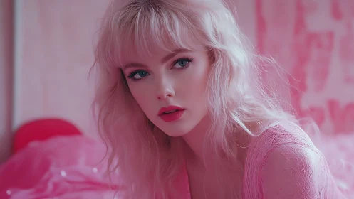 Pastel portrait of pink-haired woman in soft-focus bedroom.
